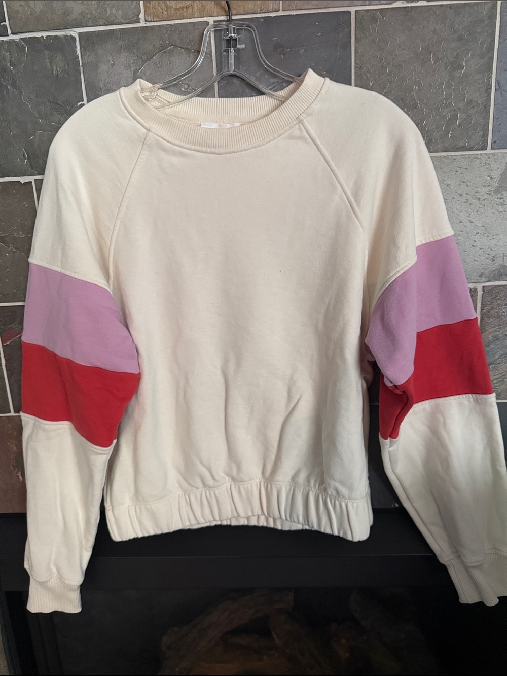 Women’s Evereve Cream Colorblock Sweatshirt with Pink and Red Sleeves